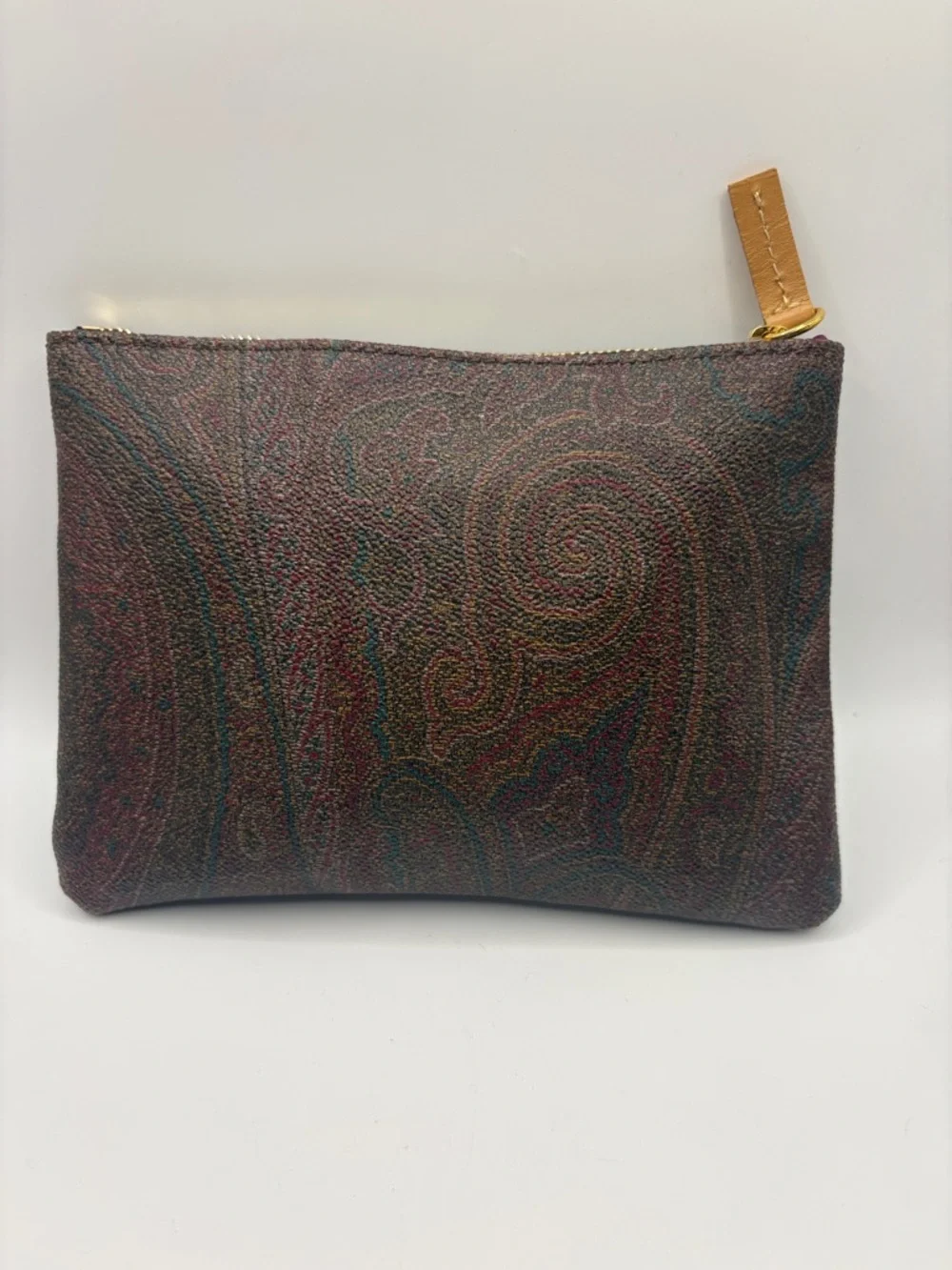 Etro Dark Brown Paisley Leather Zip Cosmetic Pouch with Tan Patch 6 34/“ X 5”